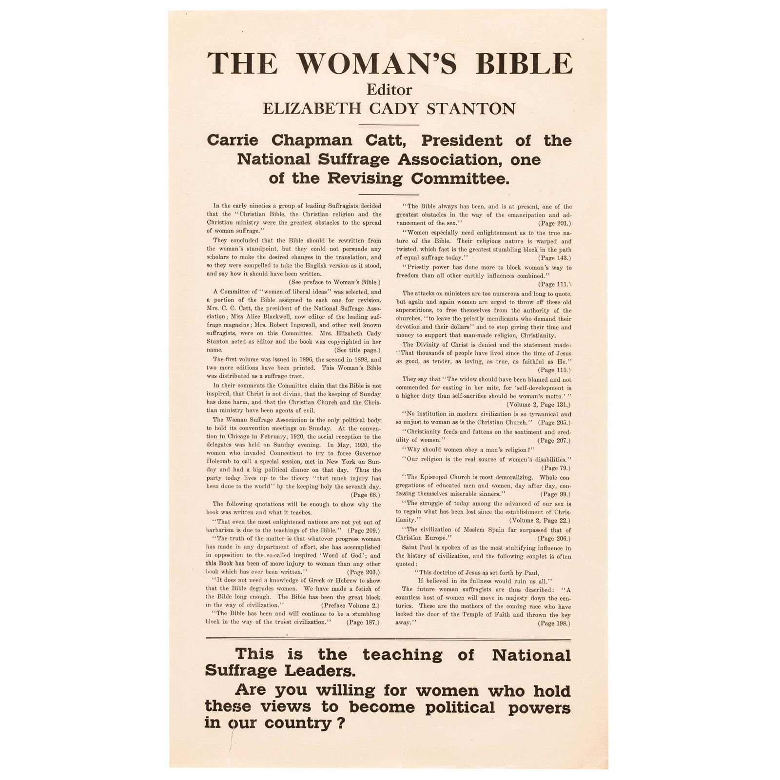 1920 BROADSIDE THE WOMANS BIBLE