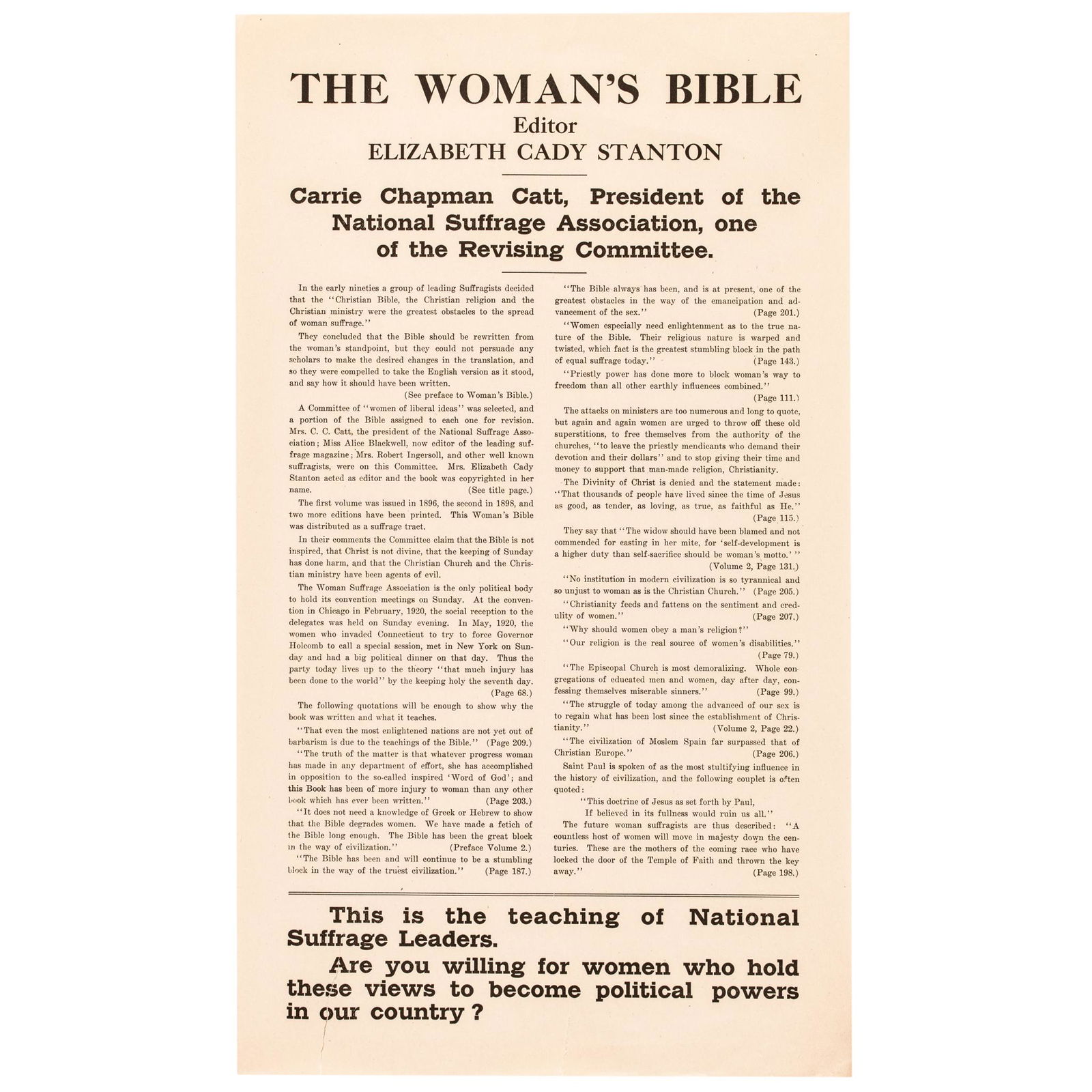 1920 BROADSIDE THE WOMANS BIBLE