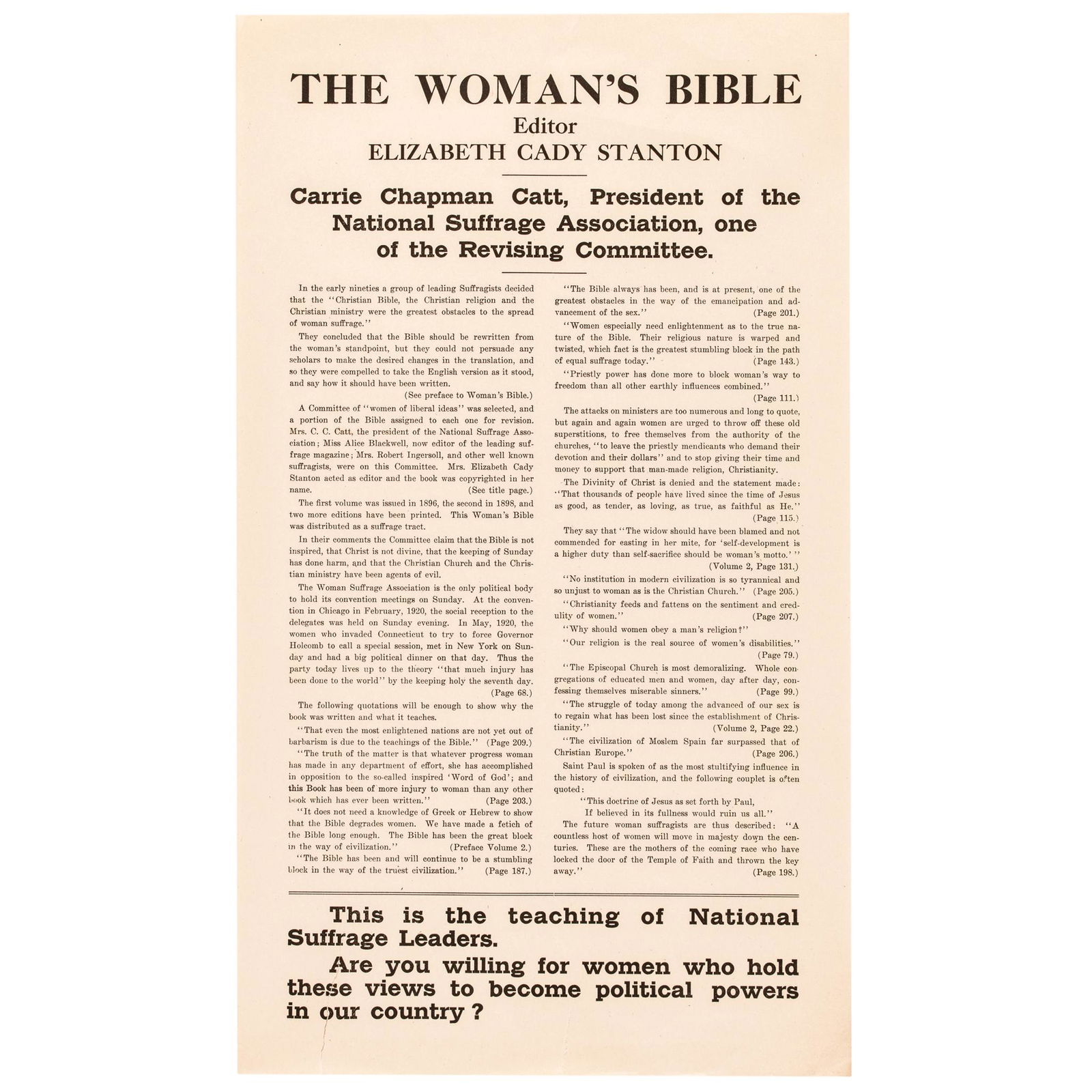 1920 BROADSIDE, THE WOMANS BIBLE BY