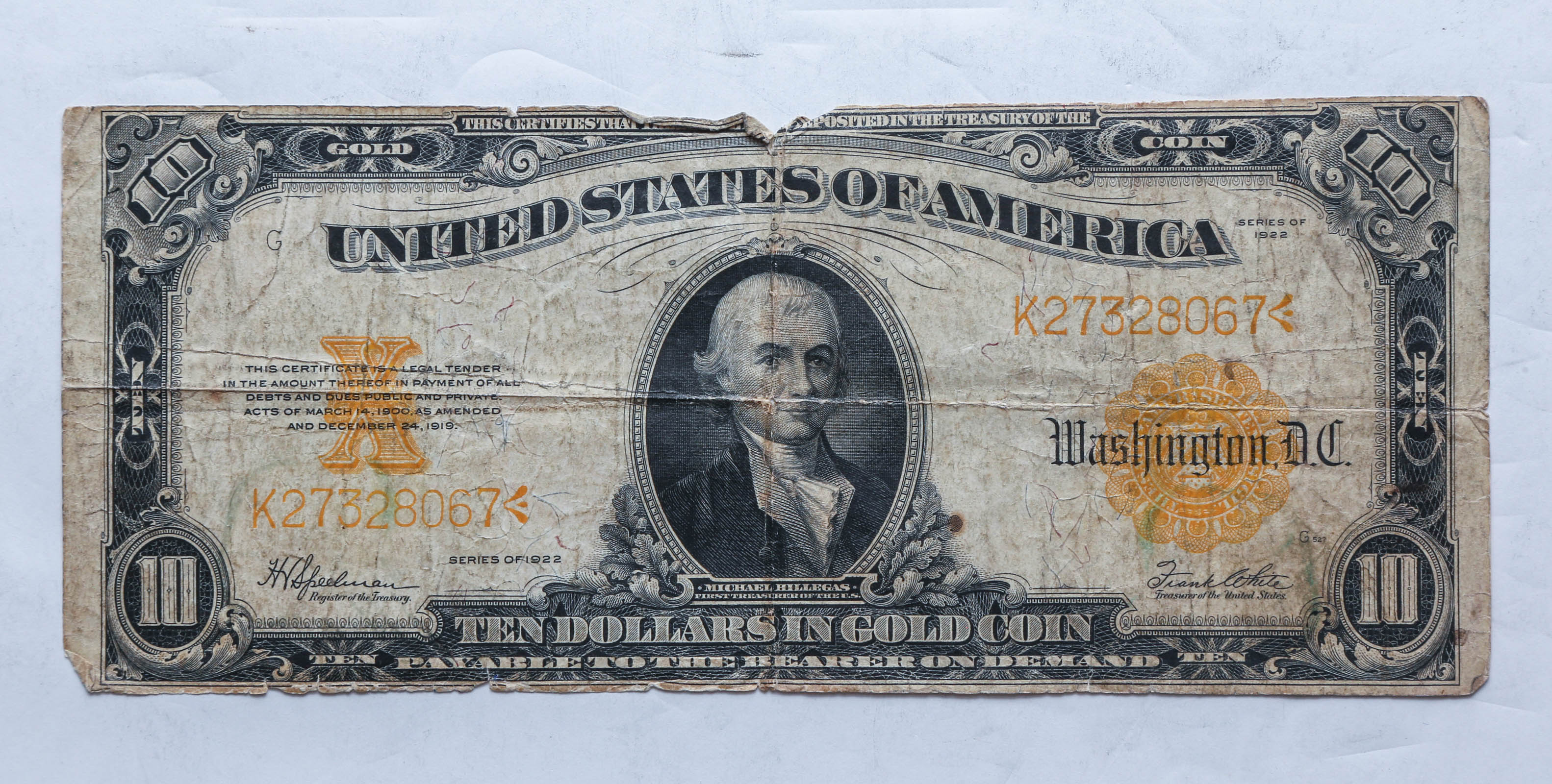1922 $10 GOLD CERTIFICATE VG