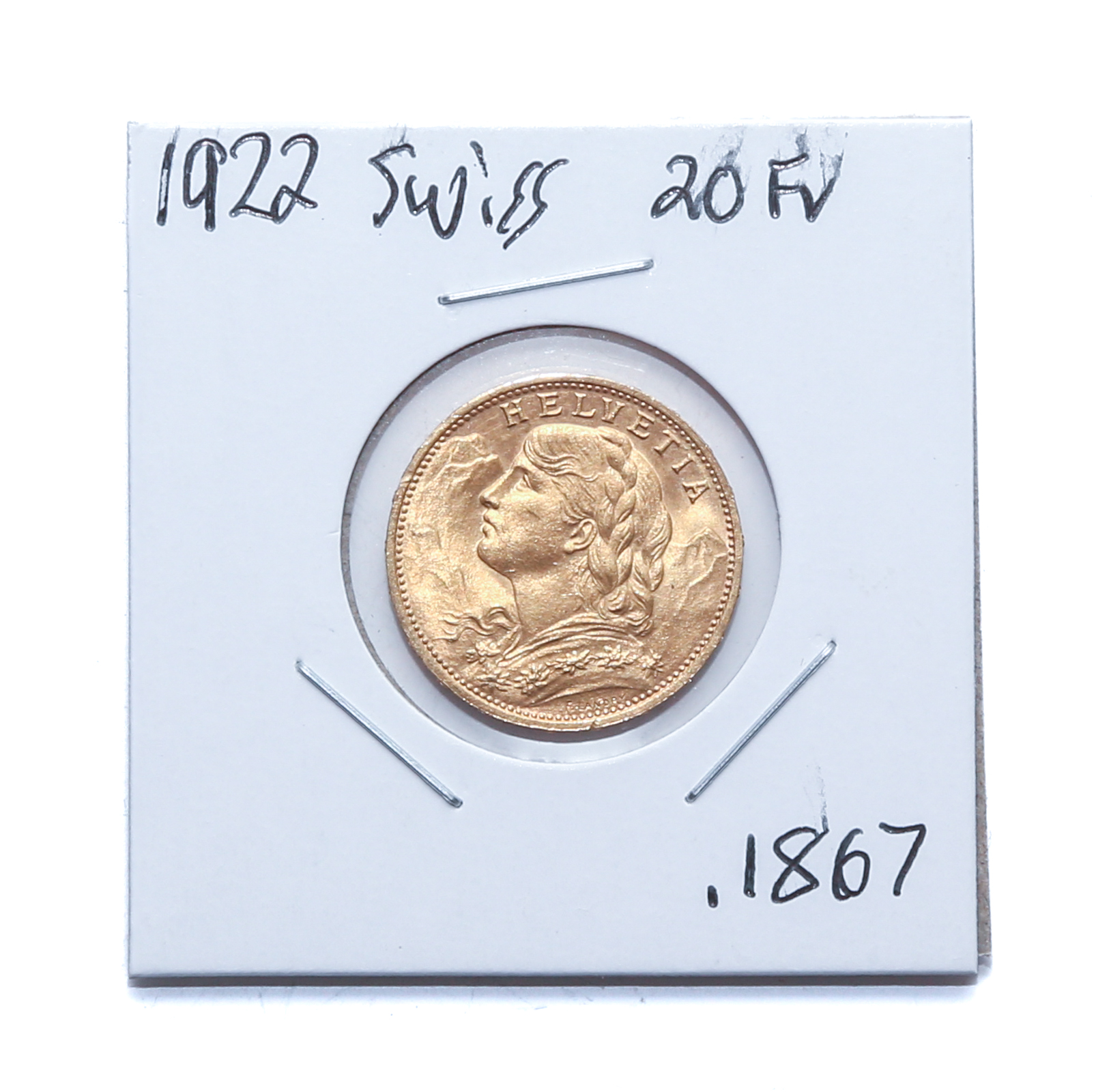 1922 SWISS GOLD 20 FRANCS AGW .1867