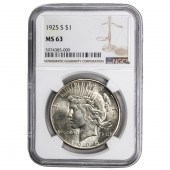 1925S PEACE DOLLAR, NGC MS63 1