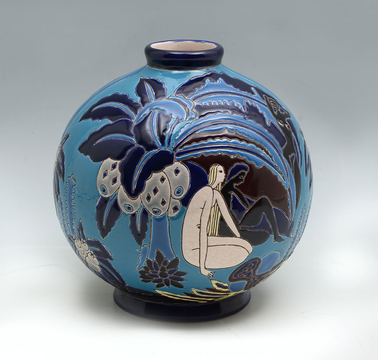 1930'S LONGWY SEMI-NUDE SQUAT VASE: