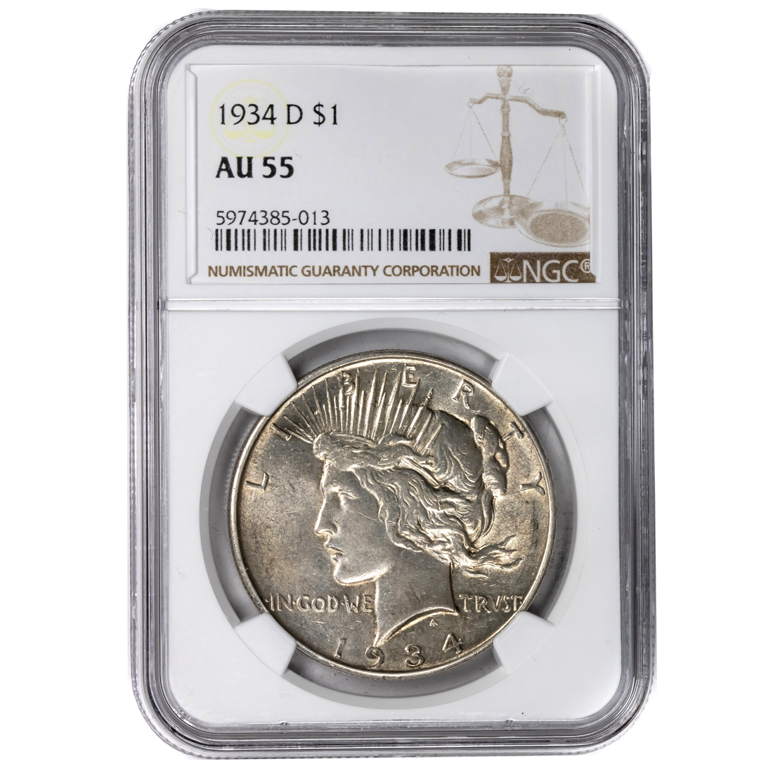 1934D PEACE DOLLAR, NGC AU55
