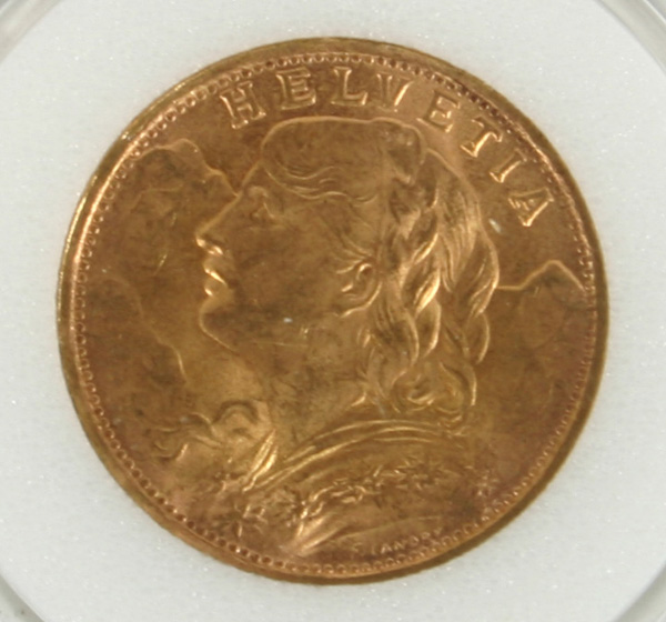 1935 Helvetia 20 Franc gold coin