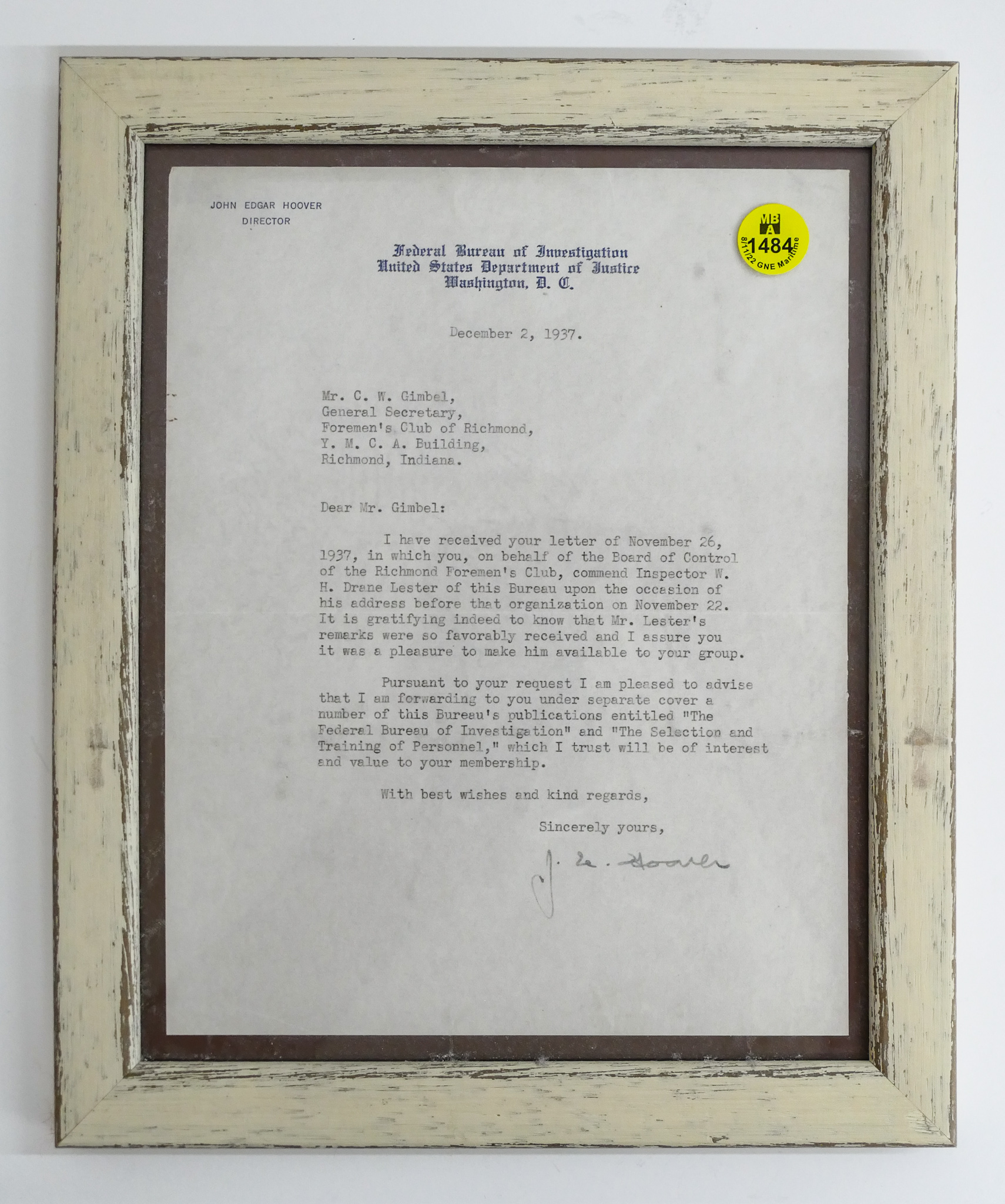 1937 J Edgar Hoover FBI Framed