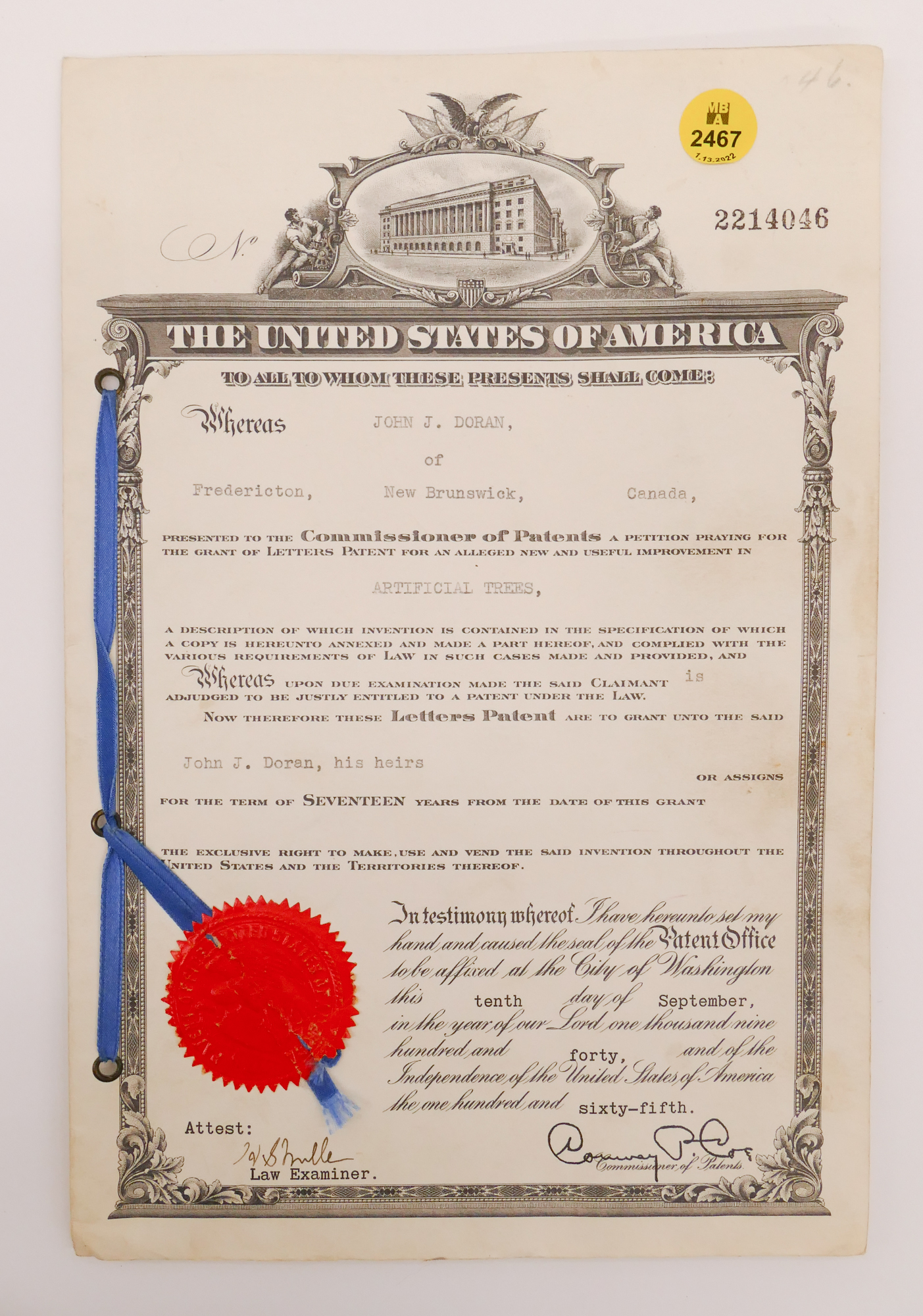 1940 US Patent for Artificial Trees