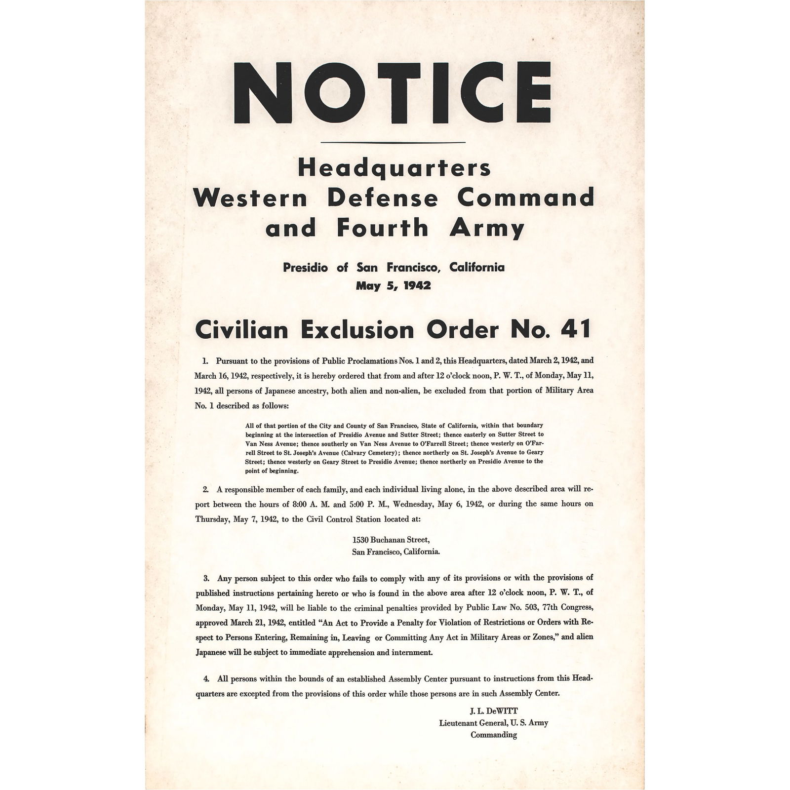 1942 JAPANESE INTERNMENT ORDER /