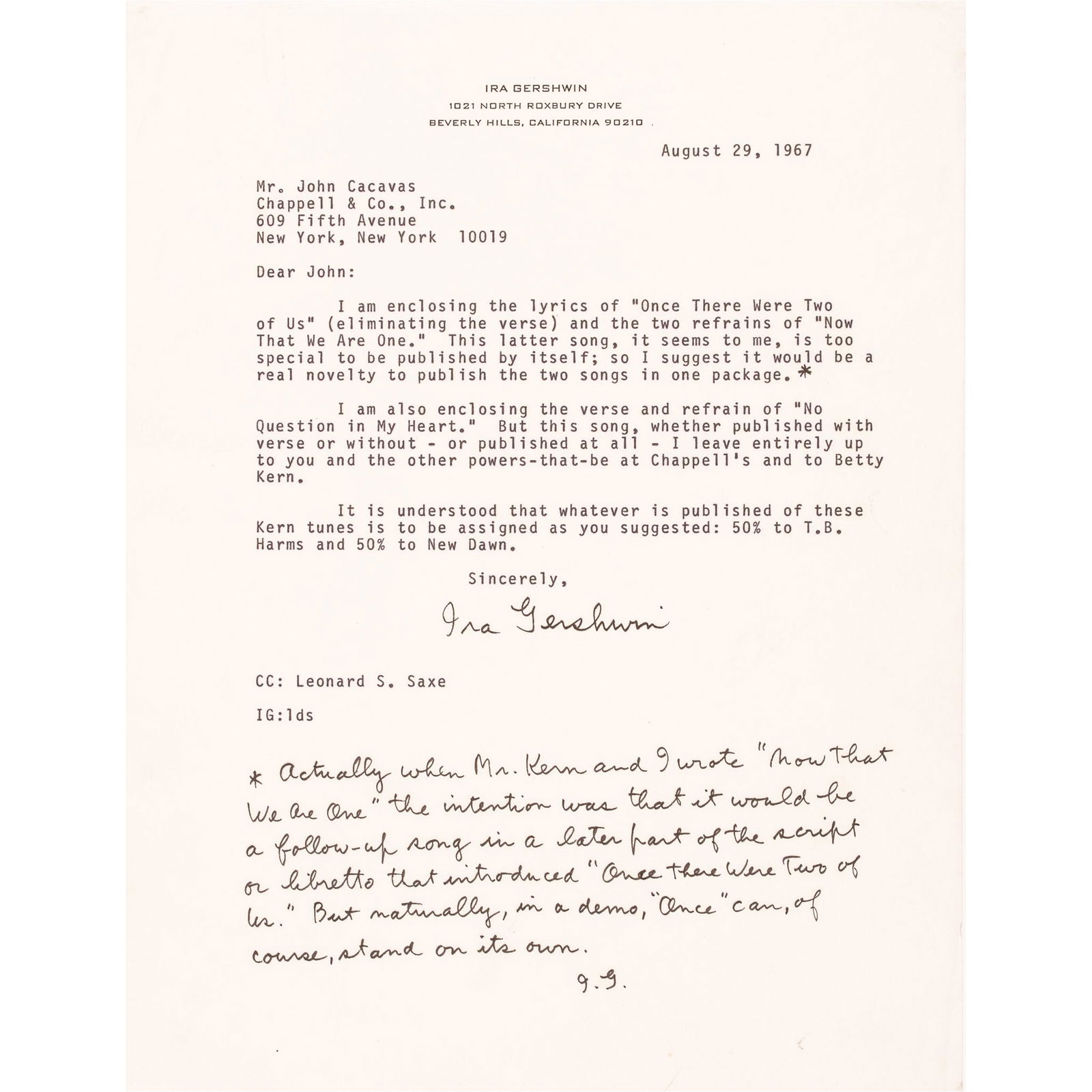 1967 IRA GERSHWIN TYPED LETTER