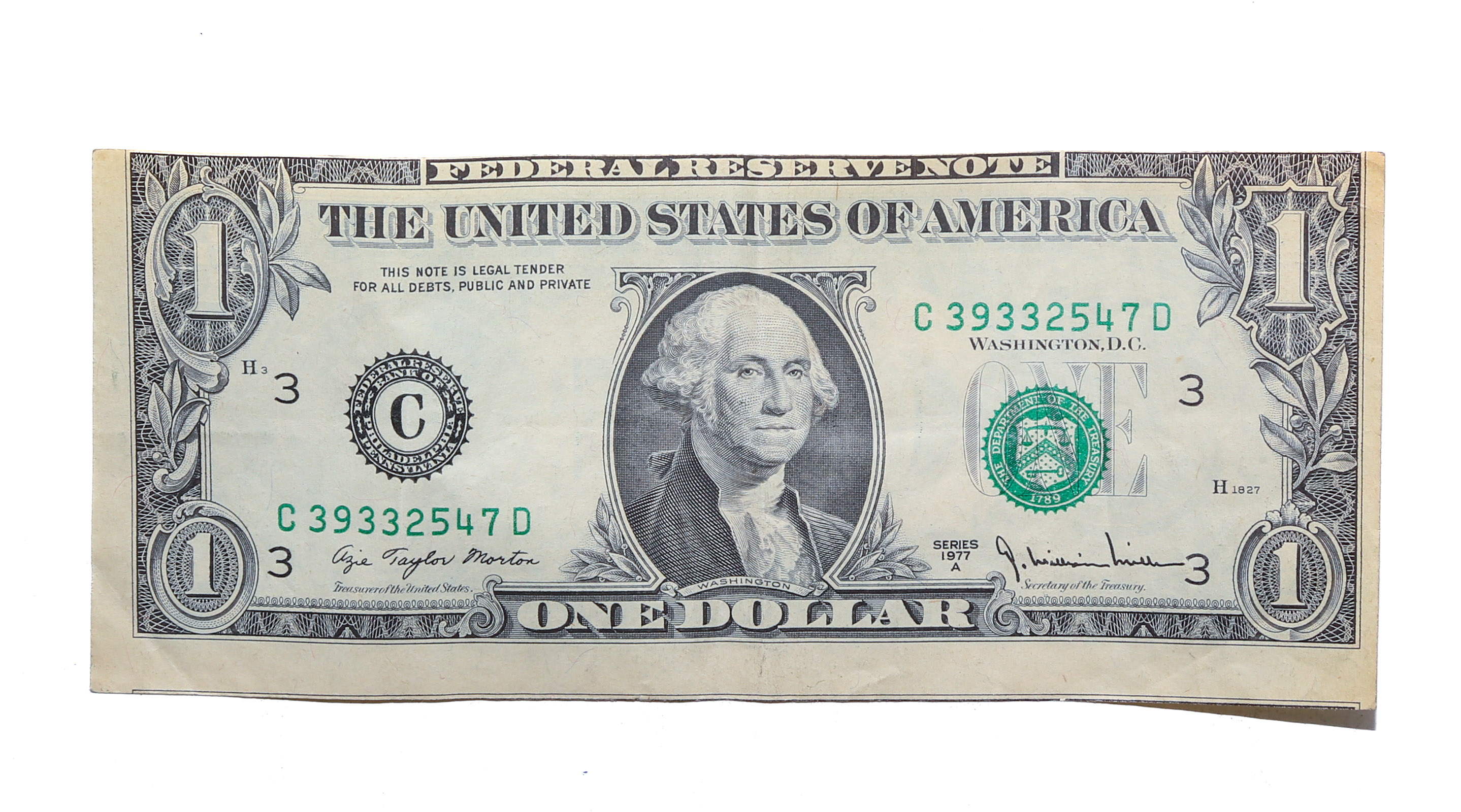 1977 $1 FRN ERROR NOTE, OBVERSE MIS