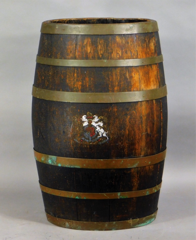 19C ENGLISH OAK BRASS STRAP WHISKEY