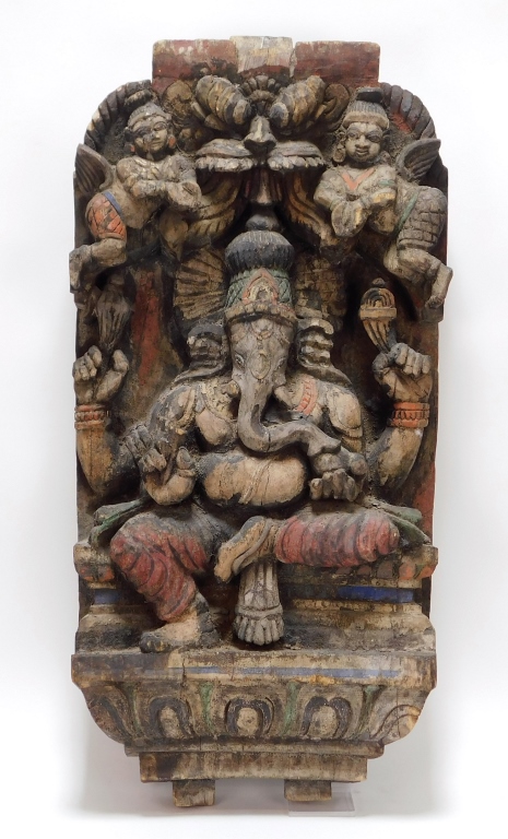 19C INDIAN CARVED WOOD GANESH PANEL