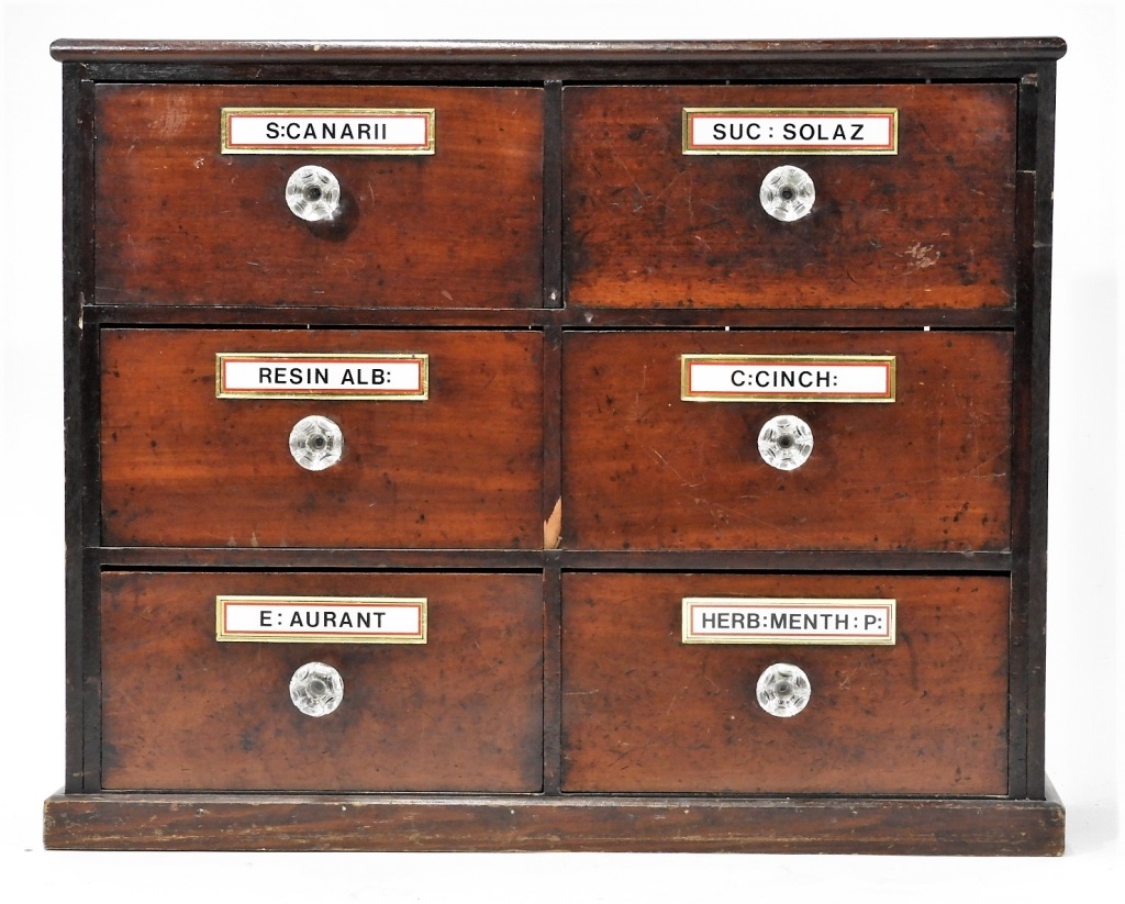 19C. MAHOGANY 6 DRAW APOTHECARY