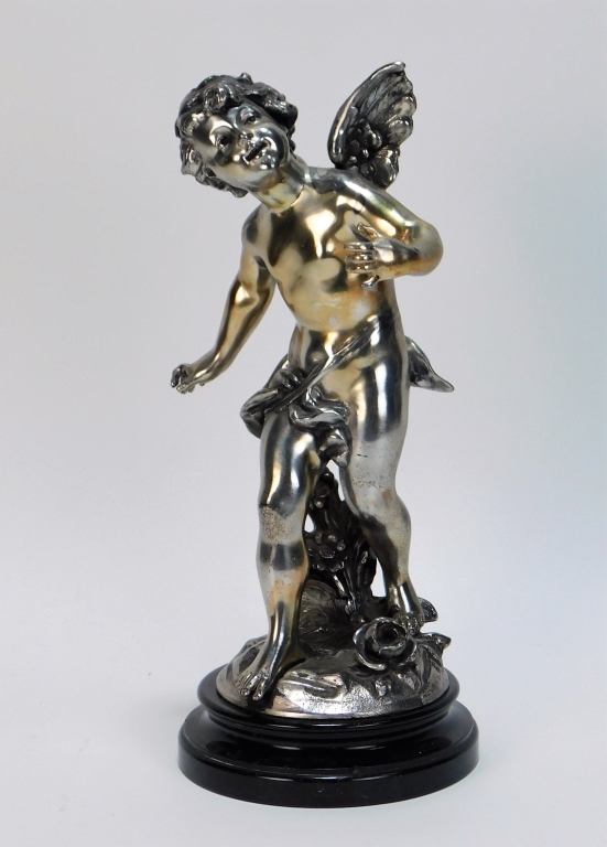 19C SILVERED BRONZE CHERUB STATUE