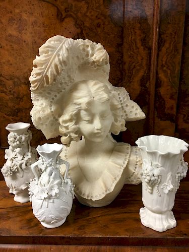 19TH C. ALABASTER BUST AND 3 PARIAN