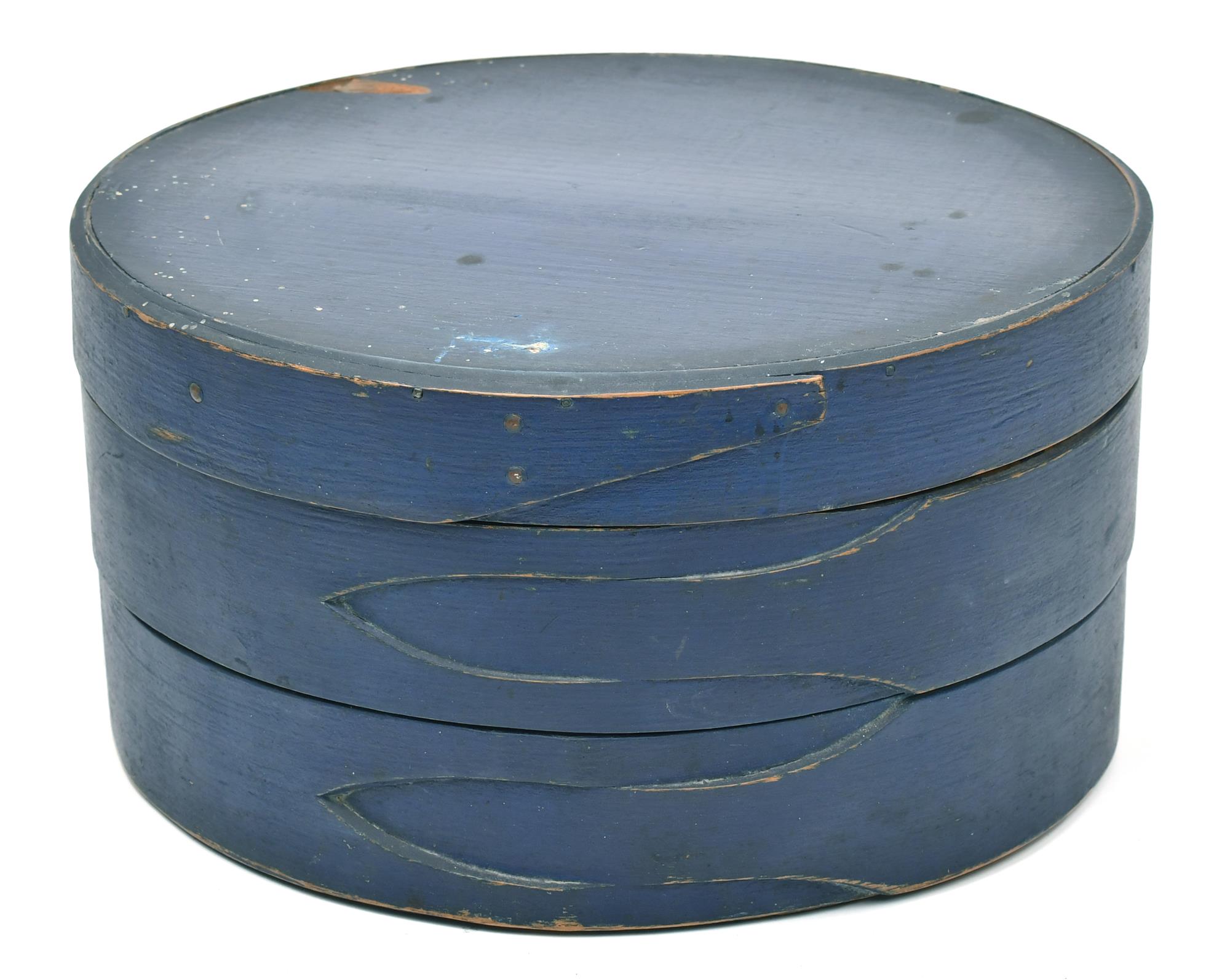 19TH C. BLUE PAINTED LAPPED BOX.