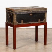 19TH C. BRASS STUDDED LEATHER