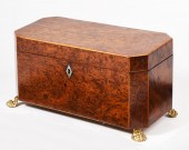 19TH C. BURLWOOD TEA CADDY. An