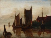 19TH C CANAL SCENE WITH HARBOR
