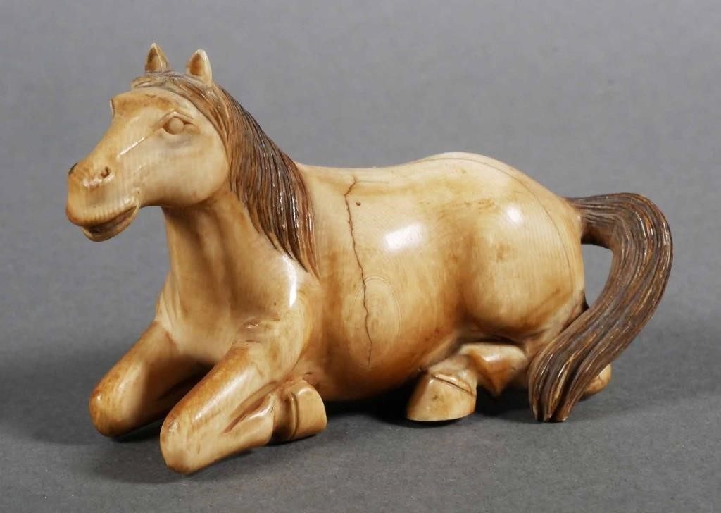 19TH C. CARVED IVORY HORSEC. 1900