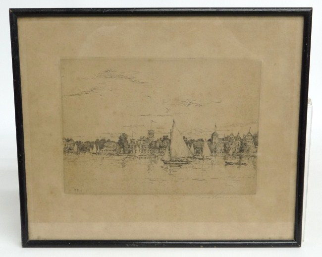 19th c. etching sailboats signed