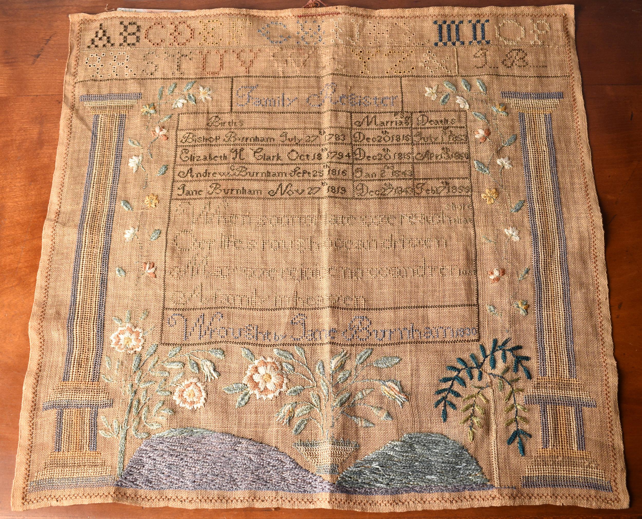 19TH C. FAMILY REGISTRY SAMPLER. An