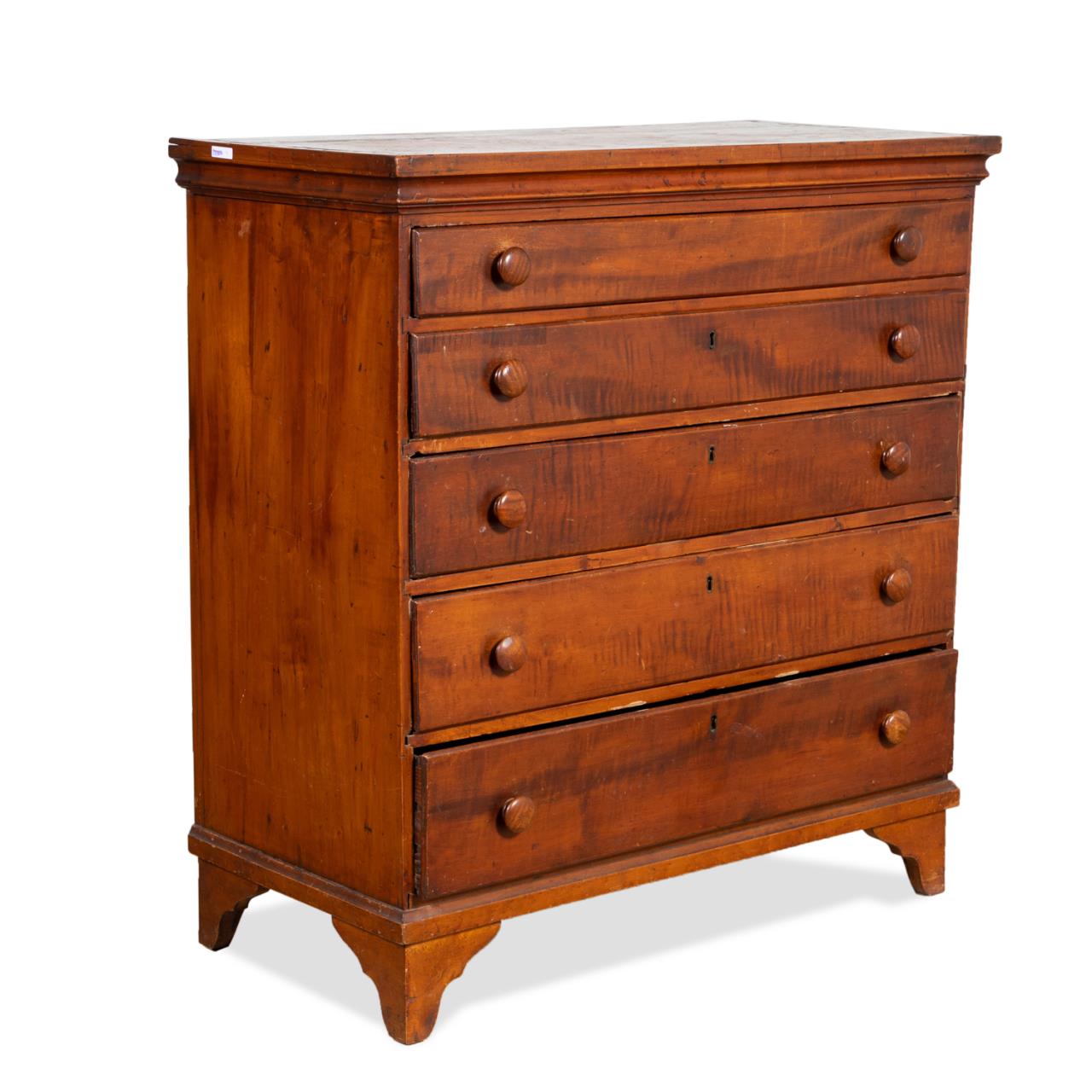 19TH C. FIVE DRAWER PRIMITIVE TIGER