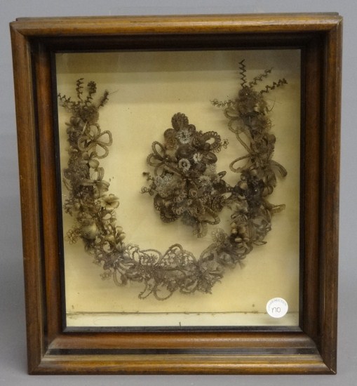 19th c. framed hair wreath. Site 12
