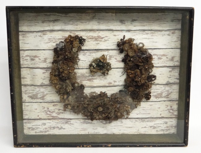 19th c. hair wreath in shadowbox.