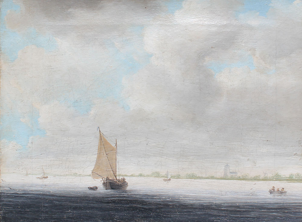19TH C. HARBOR SCENE WITH BOATS: