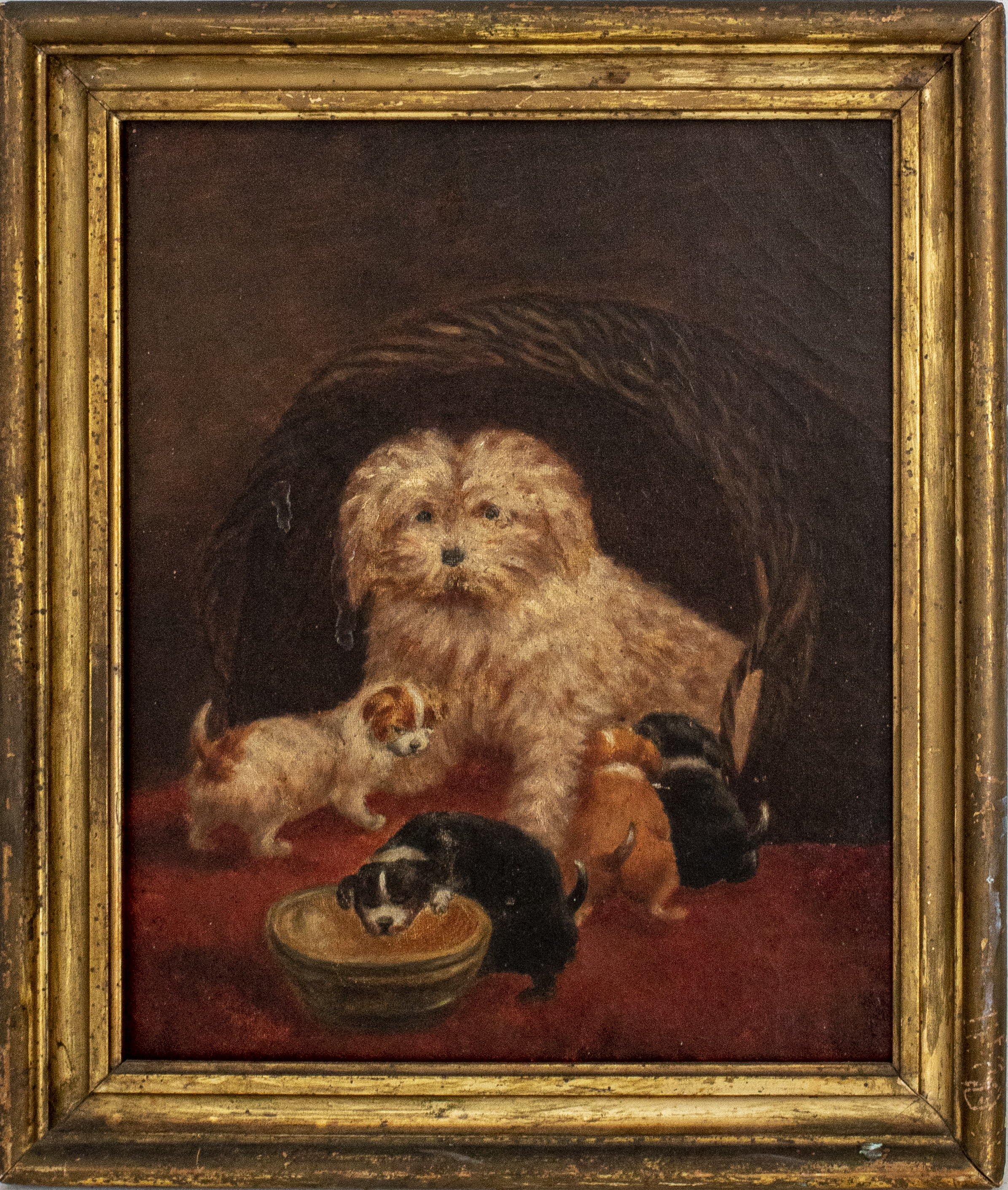 19TH C. HUNGRY PUPPIES OIL ON
