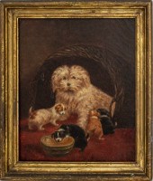 19TH C. HUNGRY PUPPIES OIL ON