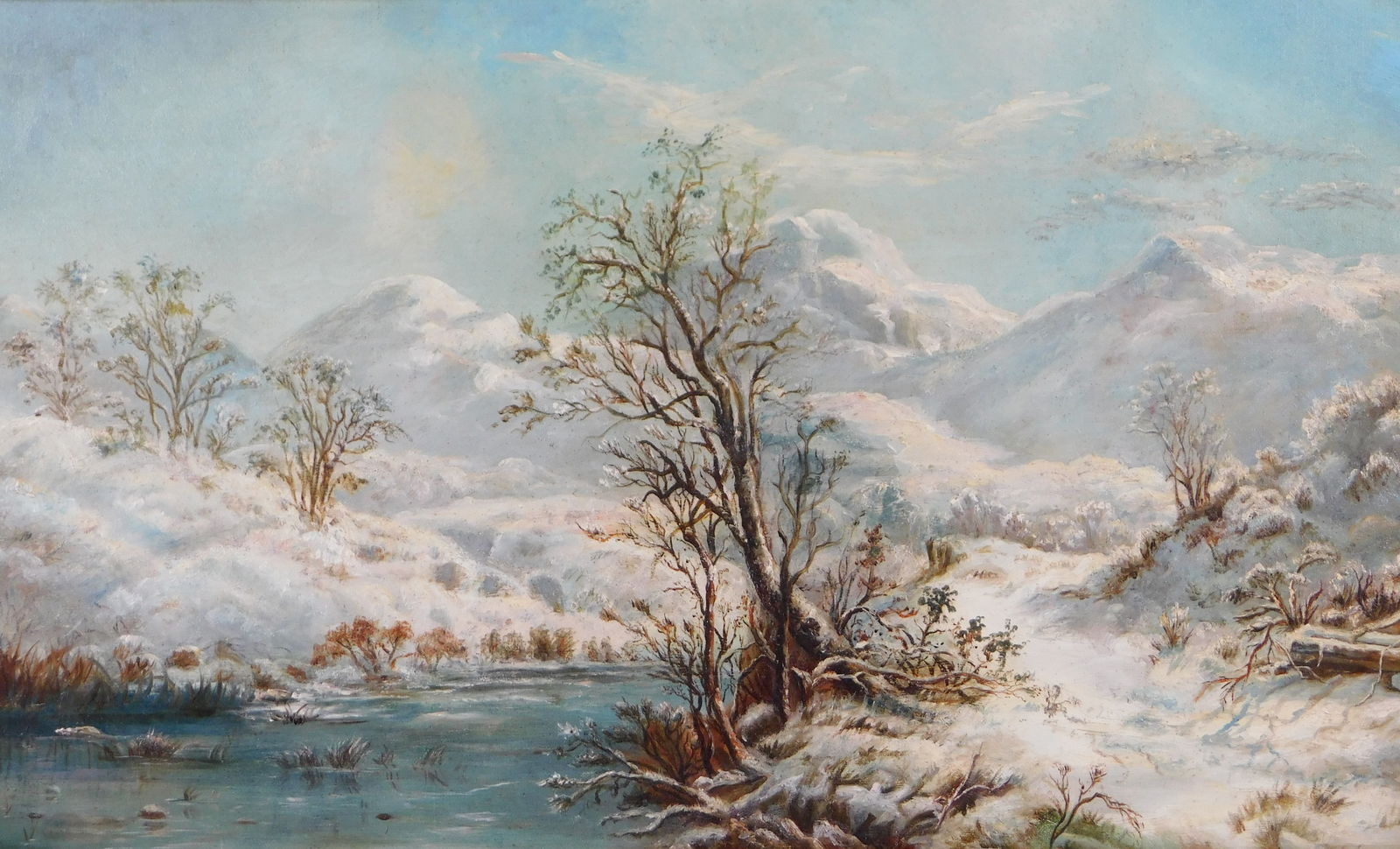 19TH C. NAIVE SNOW LANDSCAPE, OIL
