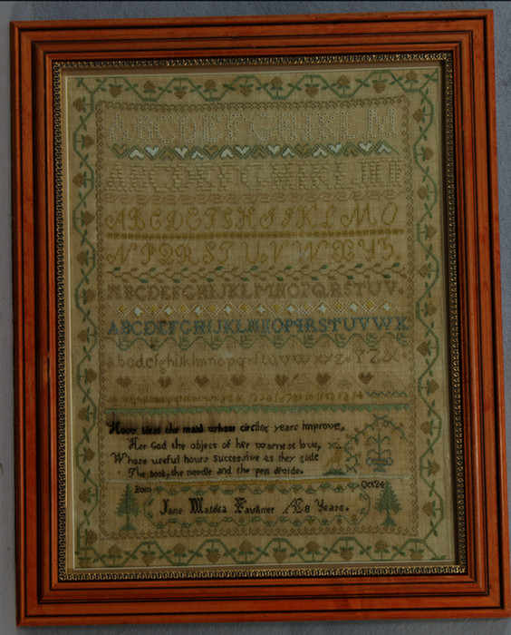 19th c needlework sampler, Jane