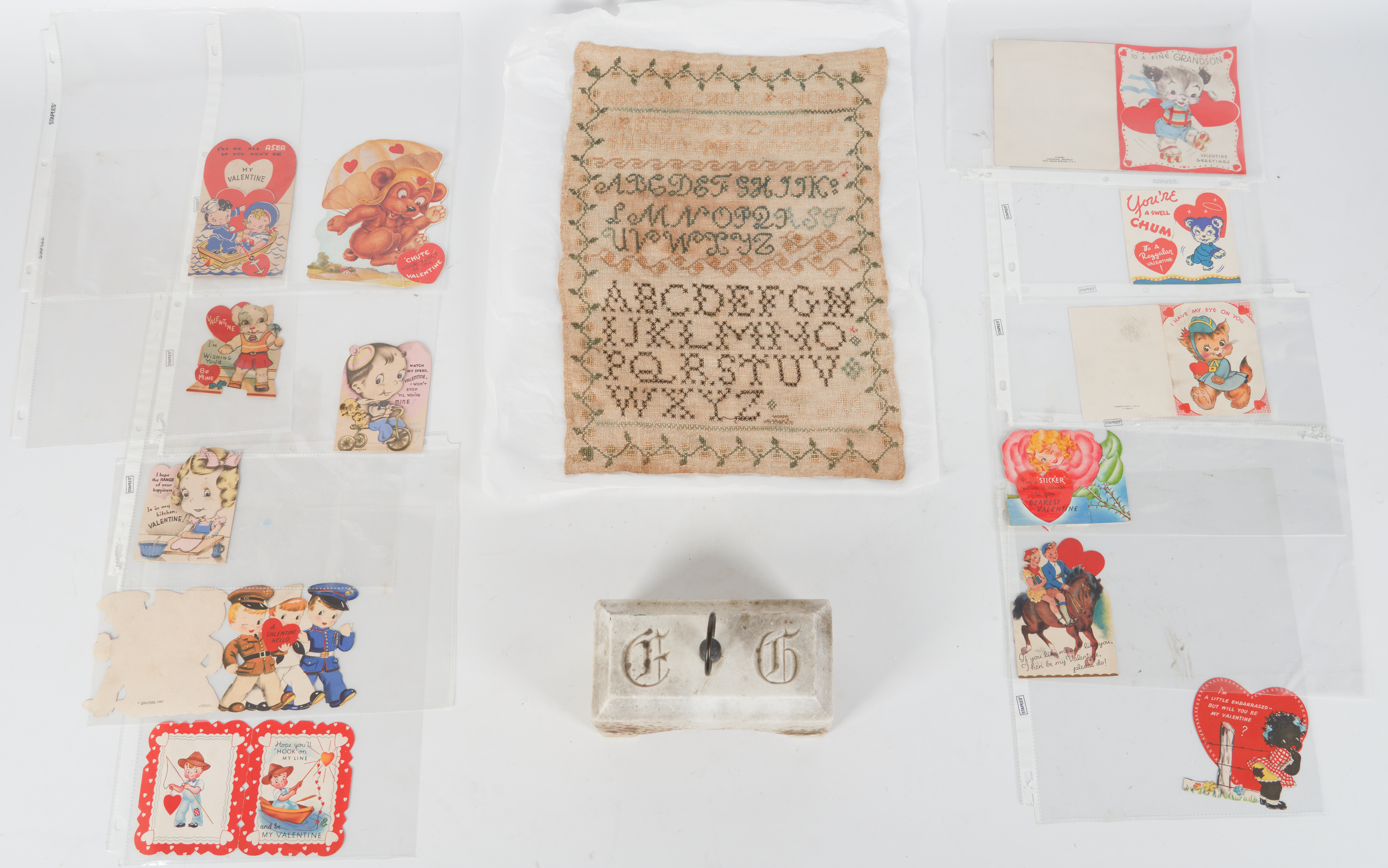 19th C needlwork, desk weight and