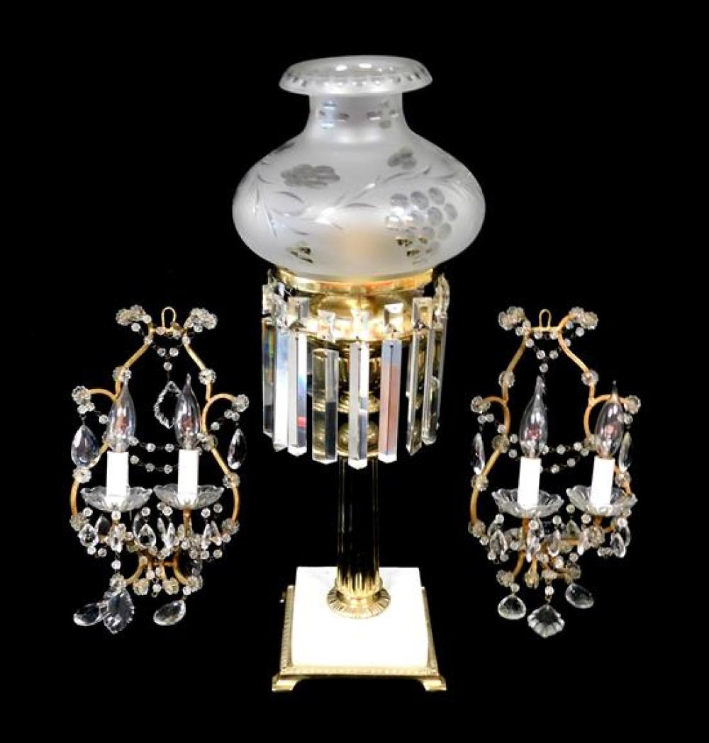 19TH C. OIL LAMP AND TWO WALL