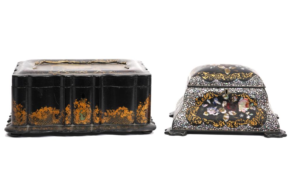 19TH C PAPER MACHE MOP TEA CADDY