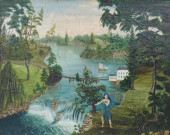 19TH C. PRIMITIVE RIVER LANDSC