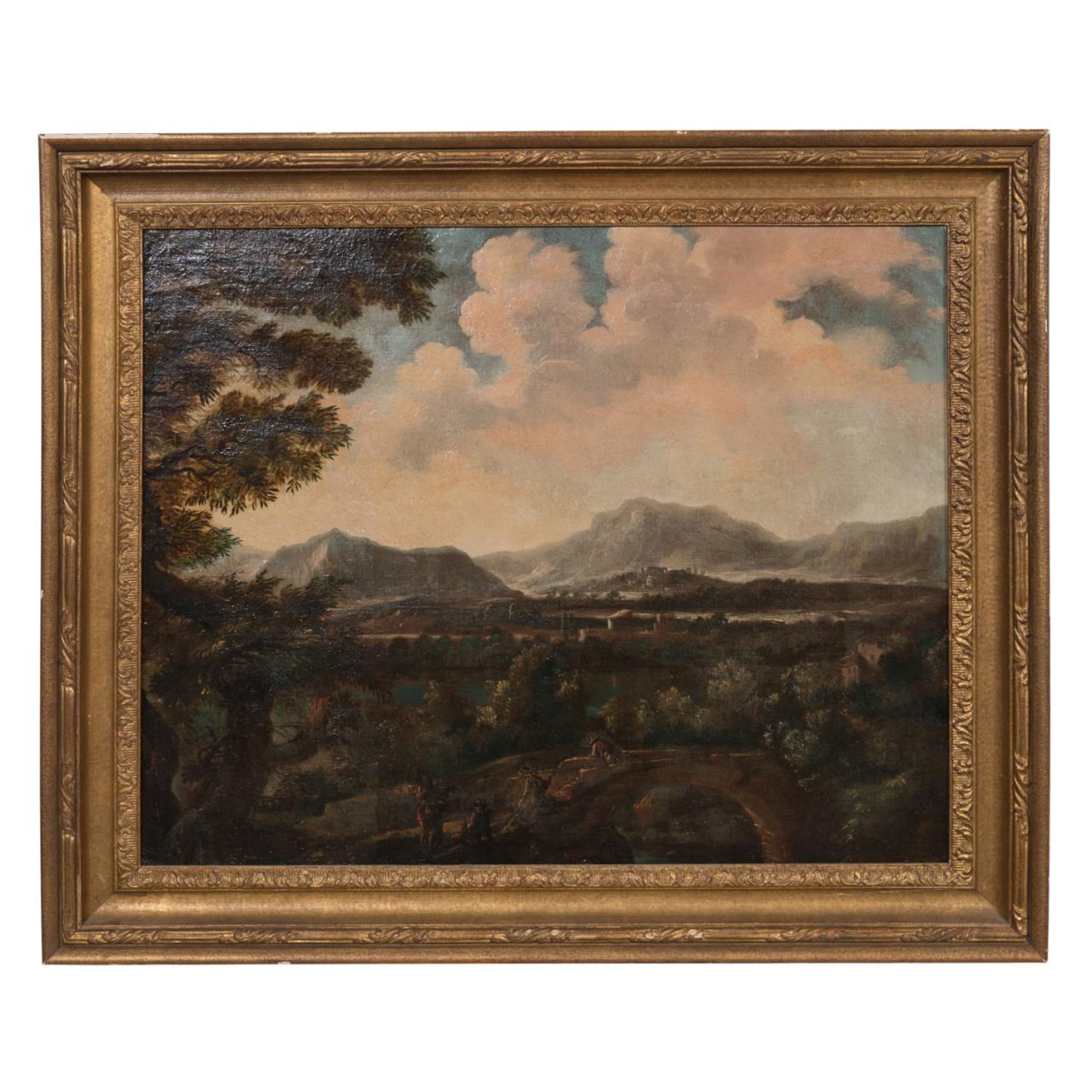 19TH C. ROCKY LANDSCAPE W/ BRIDGE &