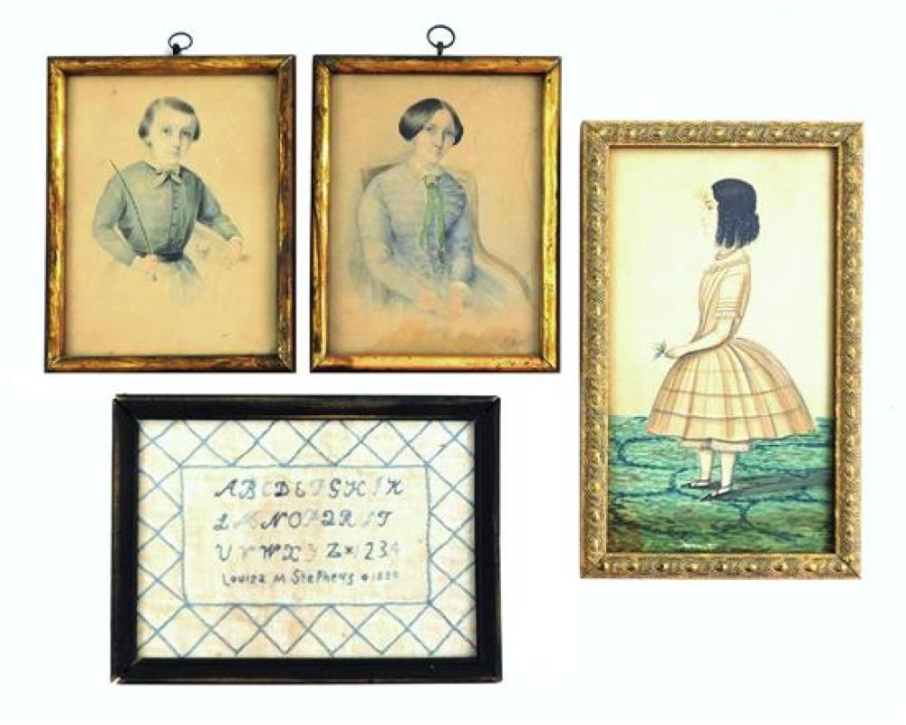 19TH C. SAMPLER AND THREE FRAMED