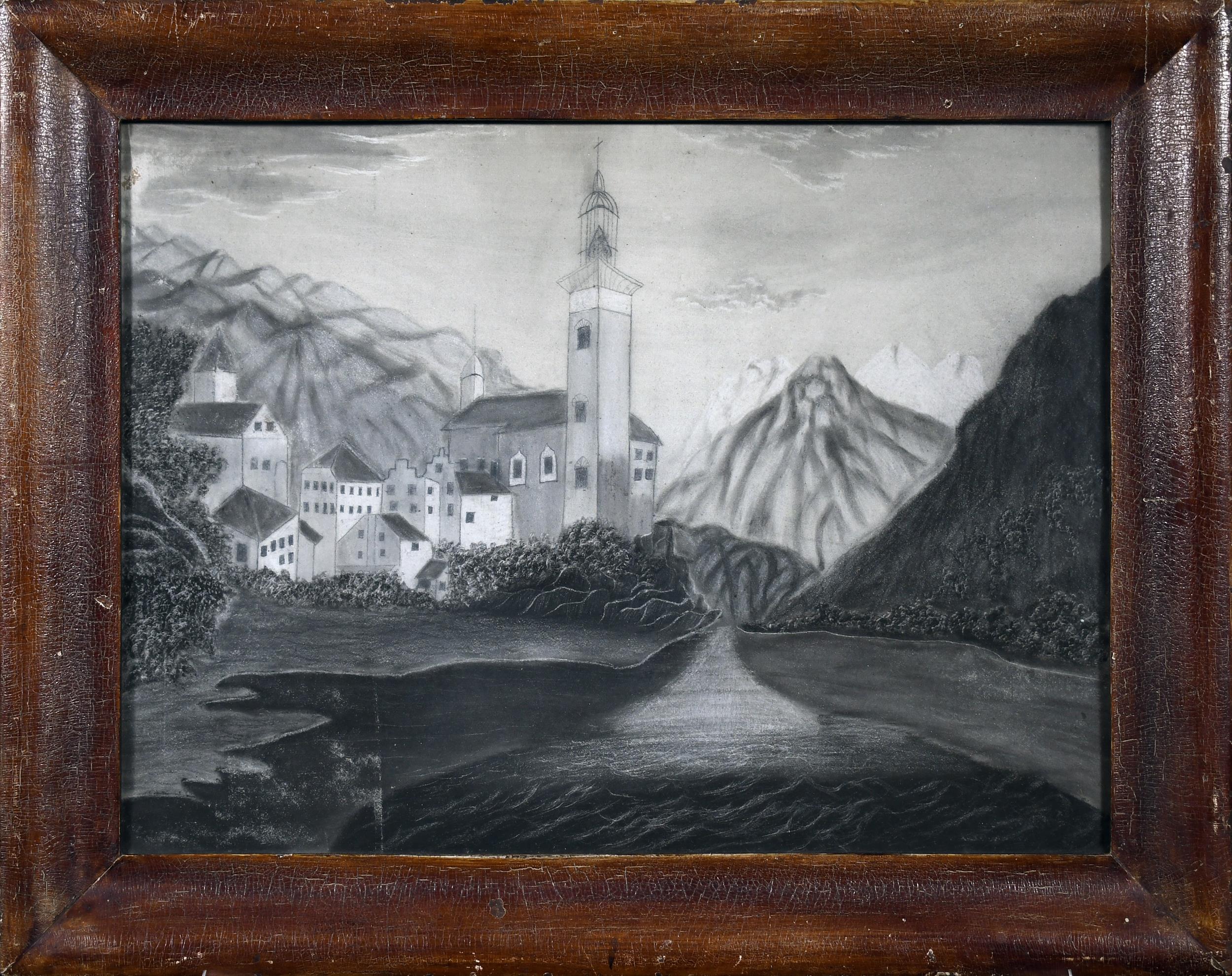 19TH C. SANDPAPER DRAWING, CHURCH