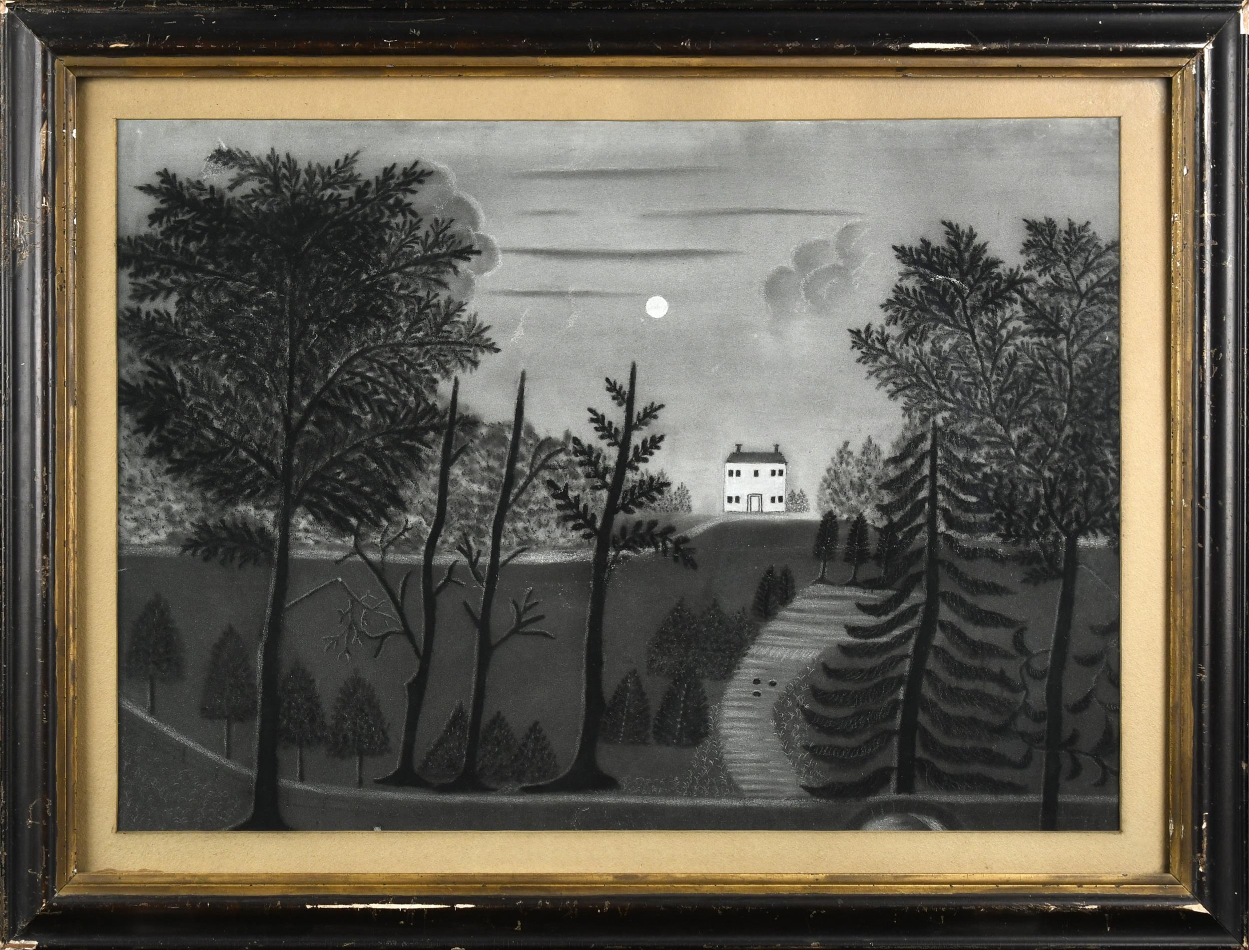 19TH C. SANDPAPER DRAWING, HOUSE IN