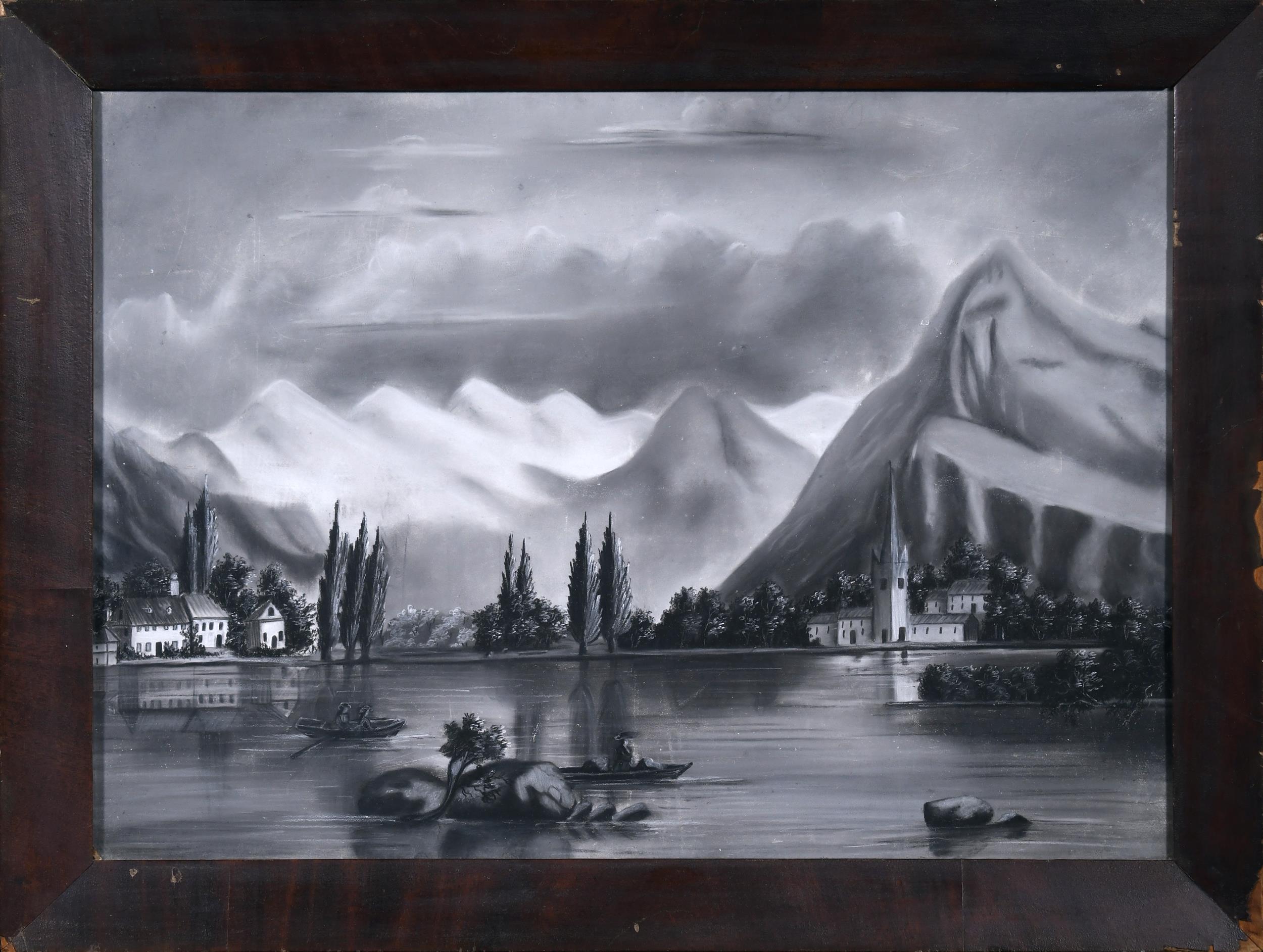 19TH C. SANDPAPER DRAWING, LAKE AND
