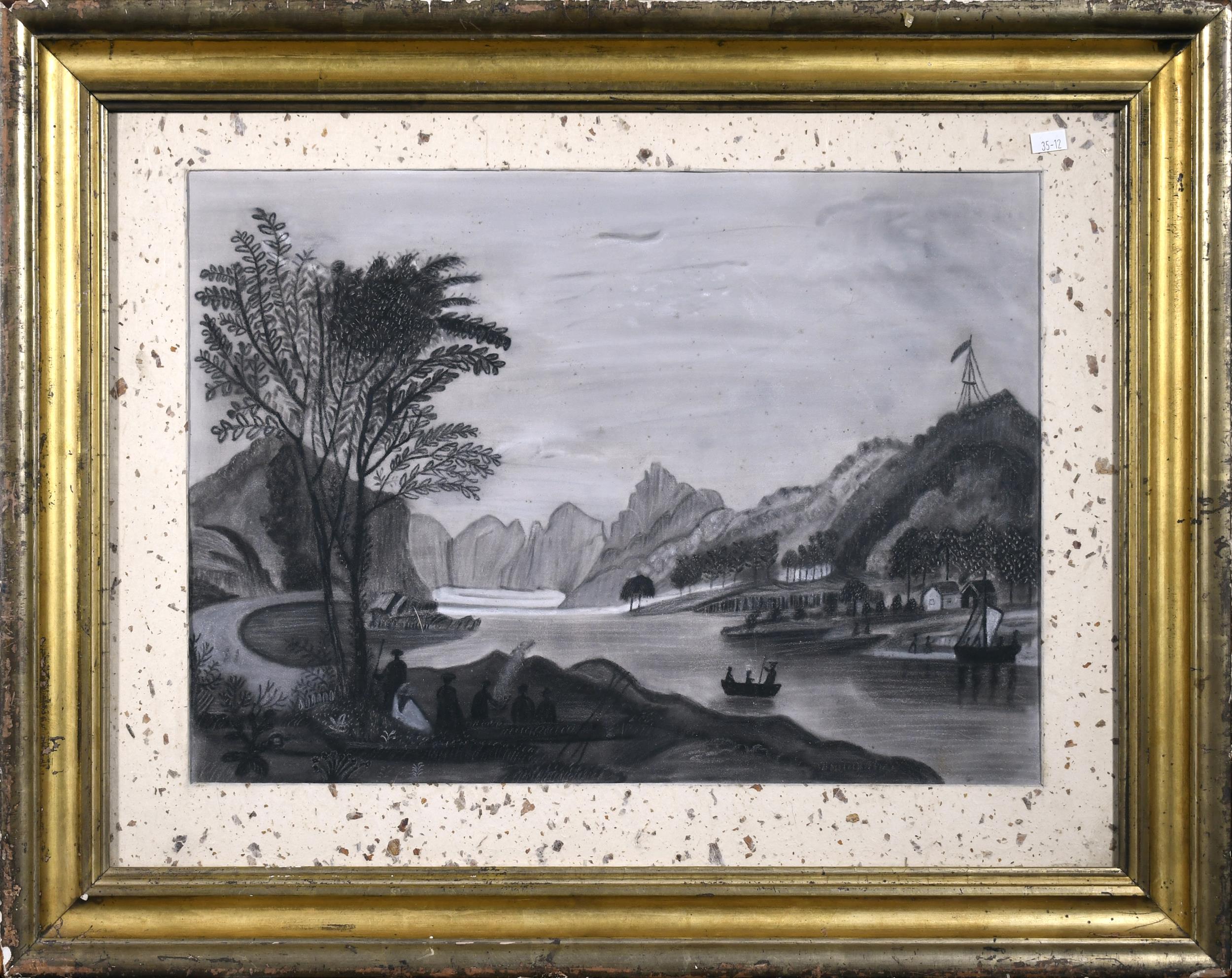 19TH C. SANDPAPER DRAWING, MOUNTAIN