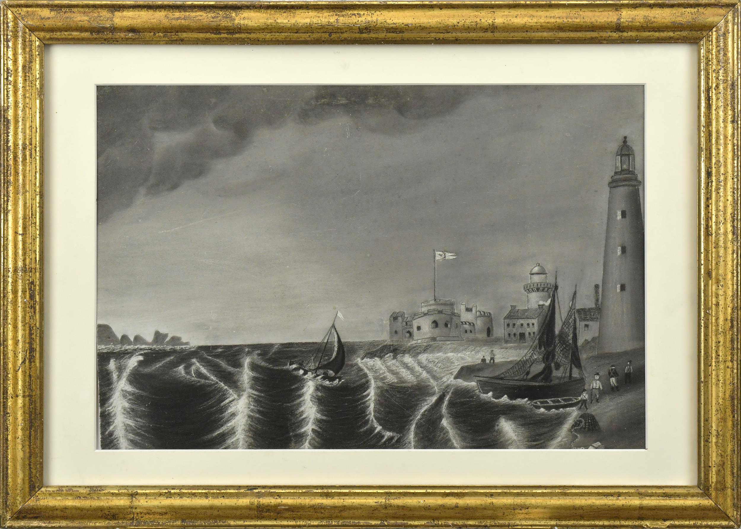 19TH C. SANDPAPER, SEASCAPE WITH