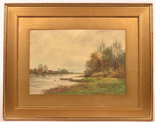 19TH CENT. LAKE AND ROW BOAT