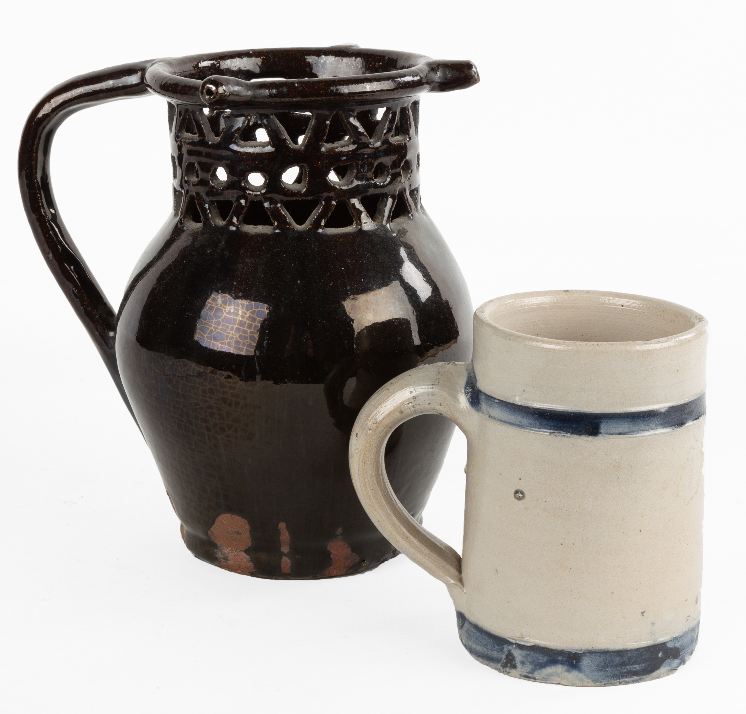 19TH CENTURY REDWARE PUZZLE JUG &