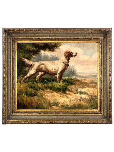 19TH C.FRENCH HUNTING DOG OIL ON