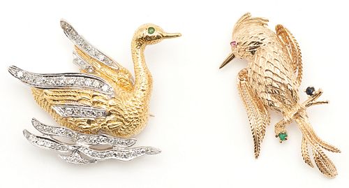 2 14K GOLD & GEMSTONE BROOCHES,
