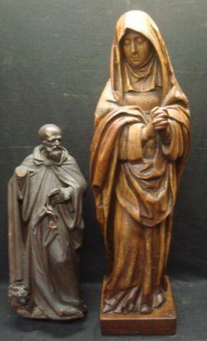 2 Antique Carved Wood Statues. A